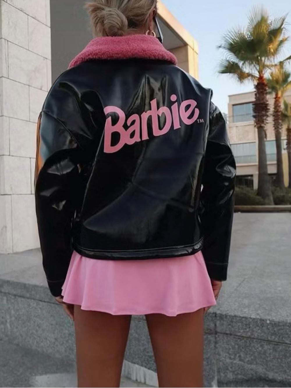 Barbie Black & Pink Faux Leather Bomber Jacket